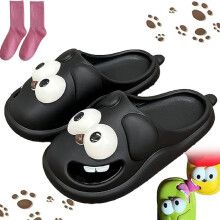 Pantoufles à baisers pour femmes et hommes, pantoufles 3D amusantes avec un chien aux grands yeux, pantoufles antidérapantes pour la maison (noir,