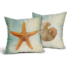 Housses de coussin d'été style bord de mer 40 x 40 cm, motif coquillages et étoiles de mer bleus, coton et lin, usage intérieur/extérieur, lot