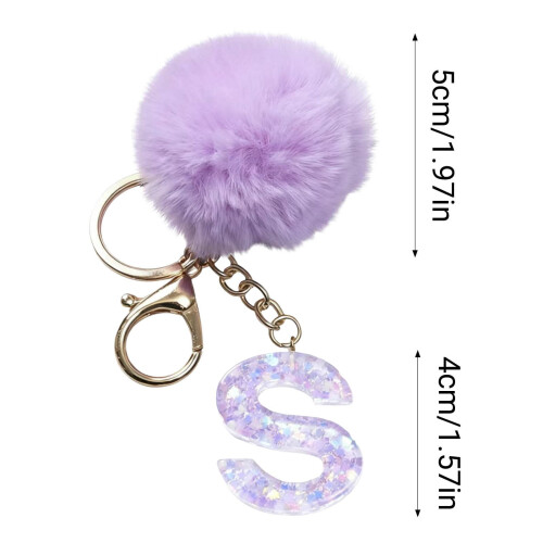 Purple Velvet Ball Keychain Set with Initial Option 1