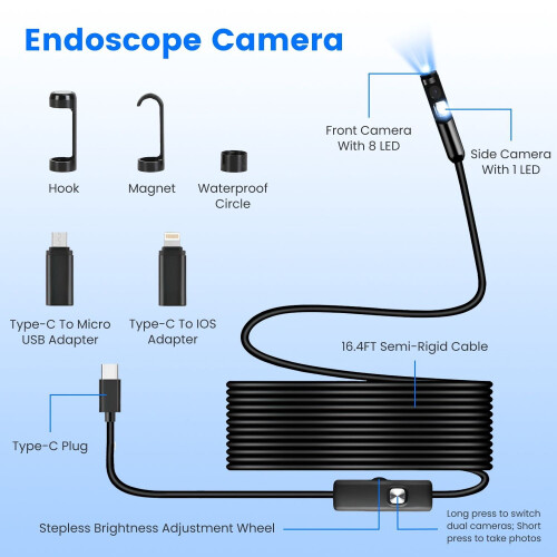 1PC1920P HD IP67 Αδιάβροχη κάμερα ενδοσκοπίου με 8+1 διπλούς φακούς, ημι-άκαμπτο καλώδιο 1