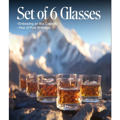Σετ 6 ποτηριών Everest Bourbon – Θέμα Βουνών, Βαριά, Ποτήρια Ουίσκι 8oz Old Fashioned, Κουτί δώρου 2