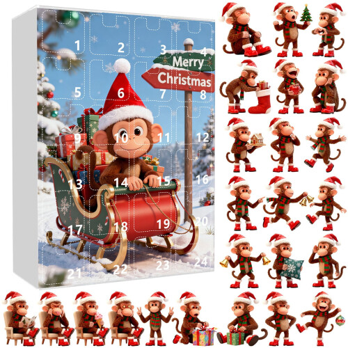 Xmas2D Κρεμαστό Στολίδι με Κινούμενα Σχέδια Μαϊμούς, Ημερολόγιο Advent, 24 Τεμάχια, 1