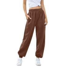 Calça feminina lisa com cintura elástica - Calça casual de cintura alta elástica com bolsos, calça confortável de perna reta para uso diário.