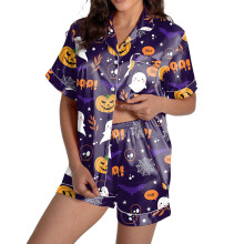 Dampyjamas med spökpumpatryck - Kortärmad satinpyjamas med matchande shorts (2-delat Halloween-sovplagg, maskintvättbara)