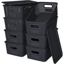 Paniers de rangement en plastique avec couvercle – Empilables, bacs de rangement pour étagères, tiroirs, bureau, placard, salle de jeux, salle de