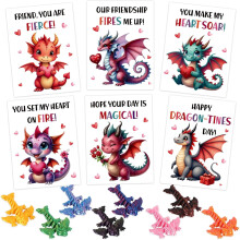 Valentine's Day Gifts for Kids: 24 Cards + 24 Flexible 3D Printed Articulated Dragon Fidget Toys – Compatible with Classroom Use