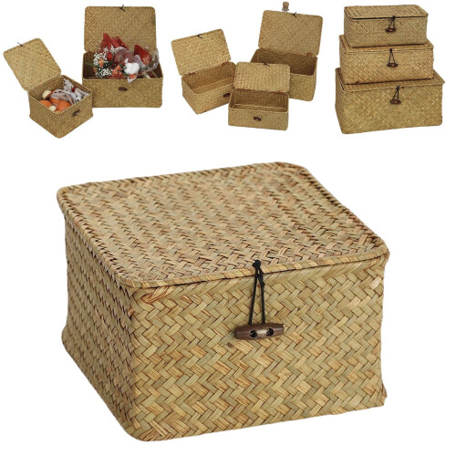 Wicker Storage Basket with Lid, Rectangular Woven Organizer for Home Decor – 5.5"x5.5"x3.9"