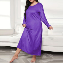 Women's Casual Fashion Solid Color Crew Neck Plus Size Long Sleeve Long Nightgown Loose Comfortable Sleep Dress for Home Relaxation