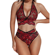 Lingerie Sets for Women New Fashion Lace Lingerie Underwear Sleepwear Steel Ring Pajamas Garter Bra Set, Color:Red, Size:3XL