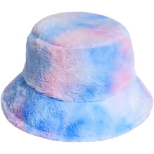 Women Girls Tie Dye Faux Fur Warm Bucket Hat Fuzzy Rainbow Winter Fisherman Cap
