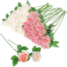 36 st. rosa champagnefärgade konstgjorda rosor med långa stjälkar, realistiska sidenplastblommor för bröllop, brudtärna, bordsdekorationer –
