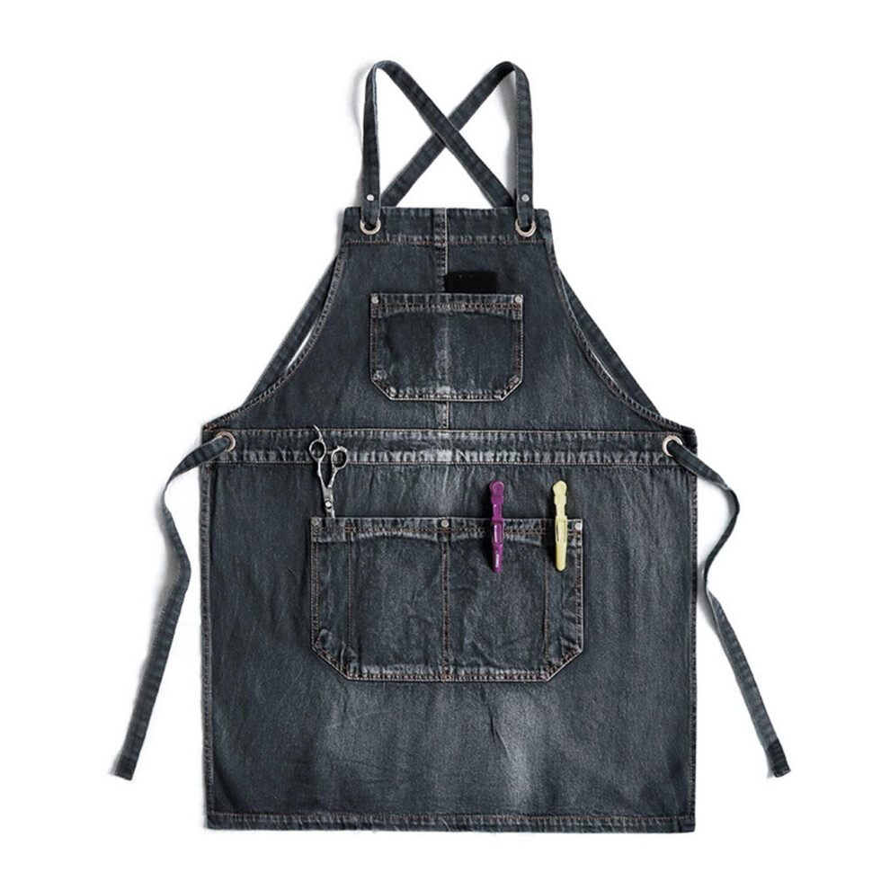 Unisex Jean Bib Apron For Cross Back Adjustable Washed Denim Hair Stylist Work A 9425574934819