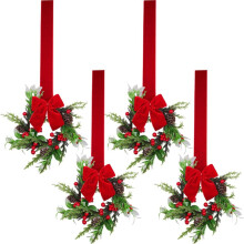Mini couronne de Noël de 25 cm avec ruban de velours rouge, pommes de pin et baies – Décoration pour armoire, fenêtre, porte, cheminée, table