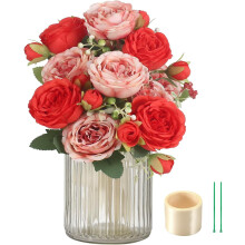 Lot de 2 pivoines artificielles réalistes (10 fleurs + 8 boutons), fleurs en soie pour décoration intérieure/mariage, avec 2 attaches et un ruban