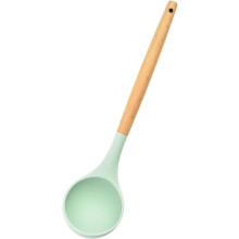 Louche à soupe ronde en silicone vert avec manche en bois – Compatible avec les ramen coréens, la cuisine japonaise et les bouillons