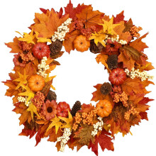Couronne d'automne artisanale de style campagnard, décoration de porte pour Thanksgiving, fer recouvert de papier, 61 x 61 cm, citrouille rouge