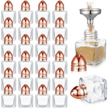 Lot de 24 salières et poivrières cubiques de 15 g, en verre transparent avec bouchons dorés roses, entonnoir inclus – Idéales pour la maison,