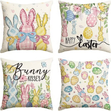 Ensemble de 4 housses de coussin décoratives carrées avec lapin et œufs de Pâques, pour canapé, lit, voiture ou décoration intérieure.