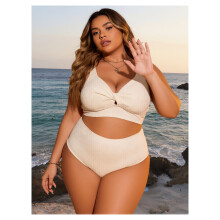 Dames witte geribbelde tweedelige bikini met diepe V-hals en