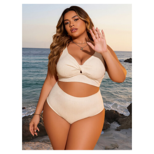Maiô feminino branco canelado de duas peças com decote em V profundo e