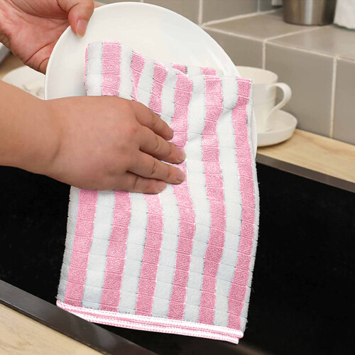 Torchon de cuisine rayé à rayures, absorbant et résistant, avec ourlet replié, rose 1