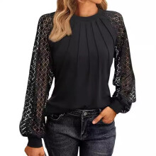 Feminine Langarm-Spitzenbluse aus Polyester, Damenbekleidung, Rundhalsausschnitt, geeignet für Modebegeisterte