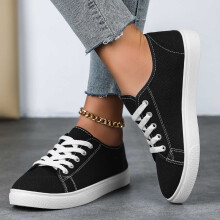 Dámske topánky, plátené tenisky, módne unisex šnurovacie ploché priedušné tenisky na každodenné nosenie, topánky pre ženy, Z01 čierna, 6