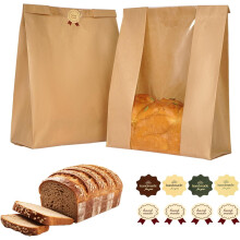 Bolsas de papel para pan YANTONG (100 unidades) con ventana, bolsas gruesas para pan de masa madre y panadería, con etiqueta de sellado incluida.