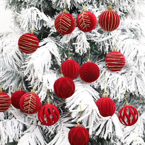 Red Flocked Christmas Ball Ornaments 12 pcs 2
