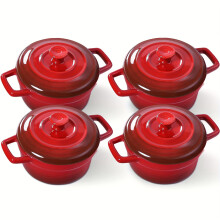 Lot de 4 mini cocottes en céramique rouge de 350 ml avec couvercles et poignées