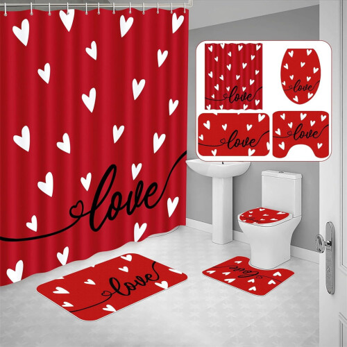 Ensemble de rideau de douche rouge pour la Saint-Valentin (4 pièces)