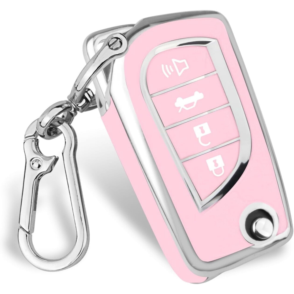 Tpu Car Key Cover For Toyota Â Compatible With Rav4, Camry, Fortuner, Tundra, Corolla, C-Hr, Highlander Â 4-Button Foldable (-Pink) Silver/Pink 9426043485573