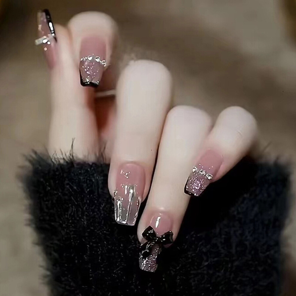 Press on Nails Short Coffin Fake Nails French Full Covers Acrylic False Nails Bowknot Designs Fake Nails for Women