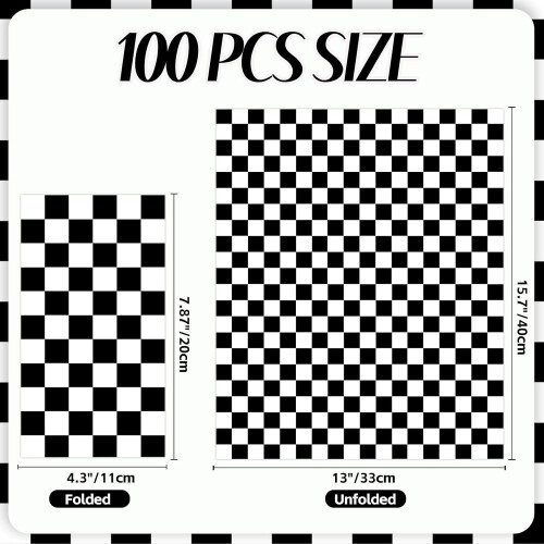 100 τεμάχια χαρτοπετσέτες αγώνων αυτοκινήτων, σχέδιο μαύρης & λευκής καρό σημαίας 1