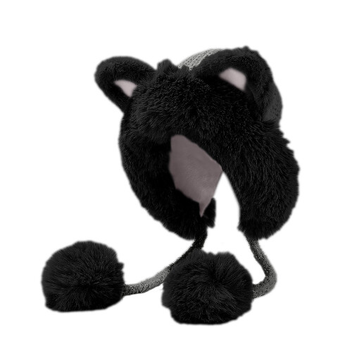 Strickmütze mit Katzenohren und Bommel, fleecegefüttert, winddicht 1