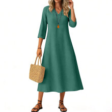 Kurzes Minikleid mit V-Ausschnitt, einfarbig, locker geschnitten, bequem, ideal für Büro und Alltag.