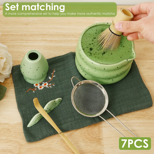 7 τεμάχια κομψό κιτ Matcha με μπολ χτυπητήρι, βάση χτυπητηρίου, κουτάλα, κόσκινο, σετ 2