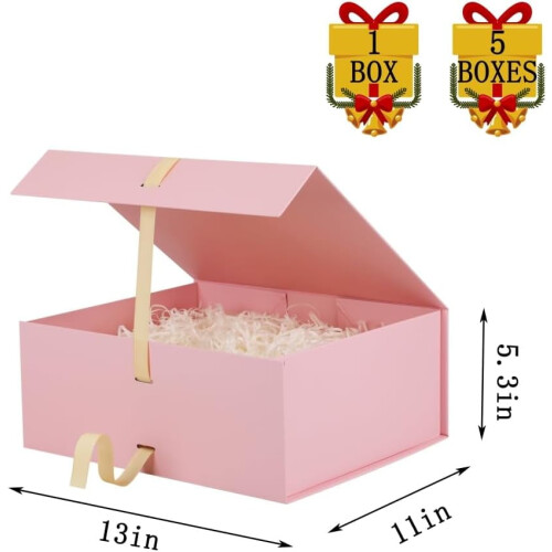 Μεγάλο ροζ μαγνητικό κουτί δώρου 13x11x5,3", με κορδέλα και τσαλακωμένο χαρτί, 2