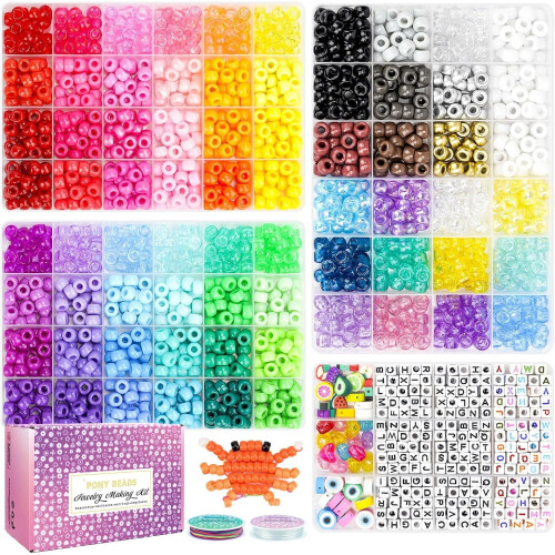 2400-teiliges Set mit 9-mm-Ponyperlen – 72 Farben mit Buchstabenperlen
