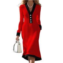 Vestido lápis bicolor com decote em V, vermelho, tamanho 2XL