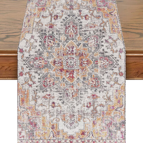 Chemin de table bohème orange, style rustique, 33 x 183 cm