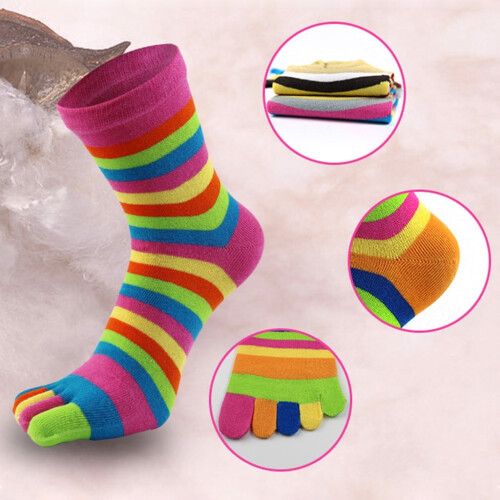 Calcetines de algodón de cinco dedos para mujer, a rayas arcoíris (6 pares) 1