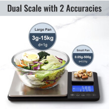 Küchenwaage mit zwei Plattformen: 500 g/0,01 g & 15 kg/1 g