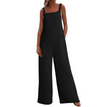 Macacão feminino de verão sem mangas com alças finas e bolsos, modelo leve e casual – Preto, tamanho M, ideal para o dia a dia.