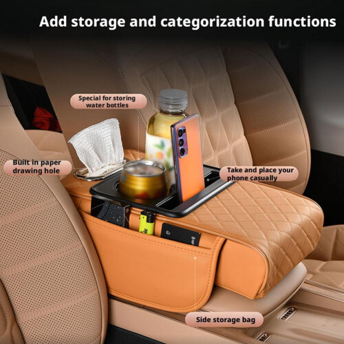 5-in-1 PU Leather Car Armrest Box Mat with Cup Holders and 1