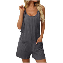 Macacão feminino cinza escuro sem mangas com bolsos – Macacão leve e casual, confortável para climas quentes.