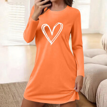 Women's Crew Neck Long Sleeve Short Nightgown Chest Heart Print Loose Fit Sleep Dress Cute Comfortable Nightwear for Bedroom Home Use
