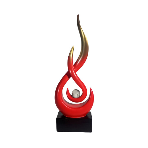 Abstrakt harpiksflammeskulptur 30 cm rød svart gull