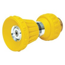 Metalen tuinslangmondstuk met 3/4" schroefdraad en 3-standen straalventilator.