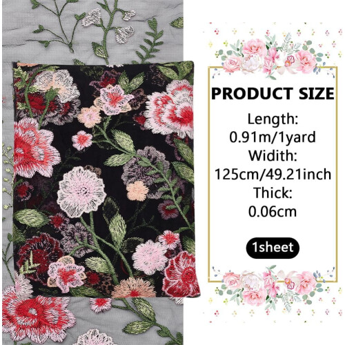 Tecido de tule floral de 1 jarda (49 polegadas) com bordado de flores, renda e malha para acessórios de vestuário. 1